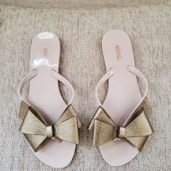 Melissa Harmonic Bow Flip Flops Beige/Gold Glitter Sz 8 - Picture 4 of 11